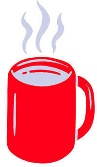 A red mug of coffee with purple steam rising out of it.